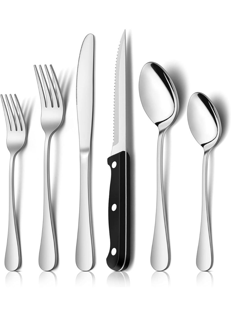 أل أيه بريشوس طقم أدوات مائدة فضية مكون من 24 قطعة مع سكاكين شرائح اللحم، طقم أدوات مائدة من الفولاذ المقاوم للصدأ لأربعة أشخاص، مصقول كالمرآة، آمن للغسل في غسالة الأطباق - Image 4